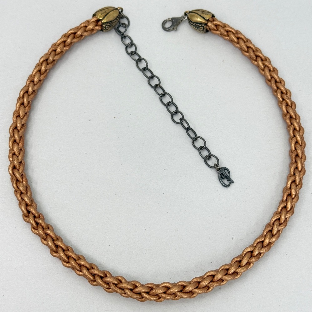 Carolyn Pollack Braided Leather Choker Necklace Brass Hardware Sterling Silver